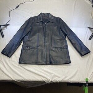 Phase Two Vintage Black Genuine Leather Zip Up Car Coat Jacket Size LT